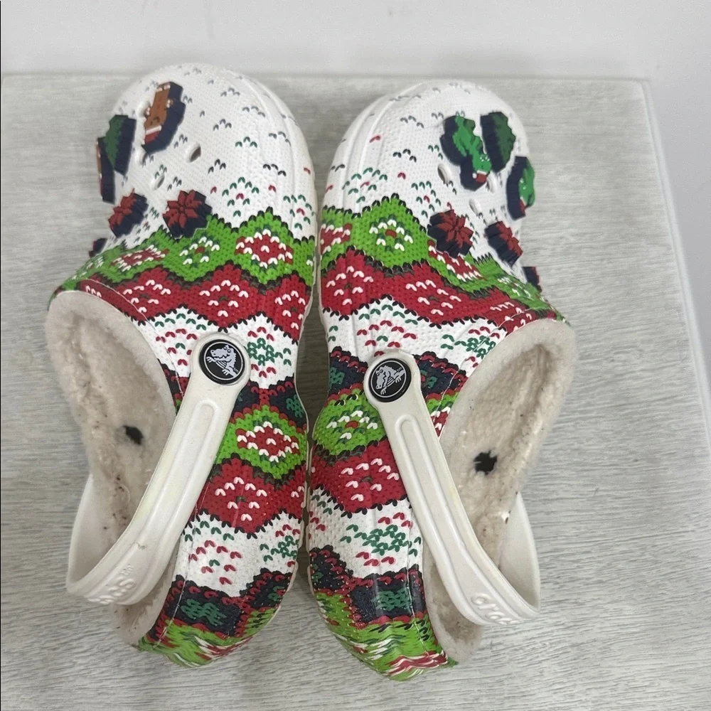 CROCS Kids' Classic Lined Holiday Christmas White and Green Slippers Size 4